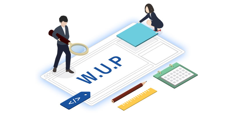 W.U.Pでホームページを組み立てている若手社員のイラスト